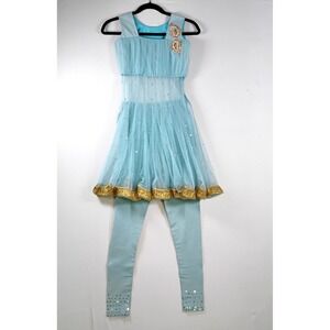 Girls Salwar Kameez Anarkali Set Blue Gold Party Wear Size 8-10?  (26" Chest)